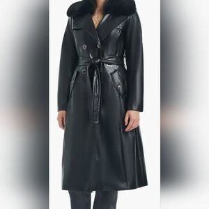 VINCE CAMUTO FAUX LEATHER TRENCH COAT WITH REMOVABLE FAUX FUR COLLAR  XL BLACK